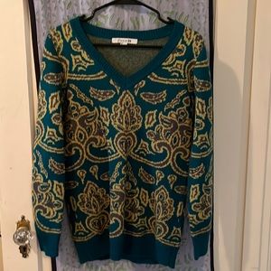 S Sweater from Forever 21 with beautiful turquoise, yellow and gray design.